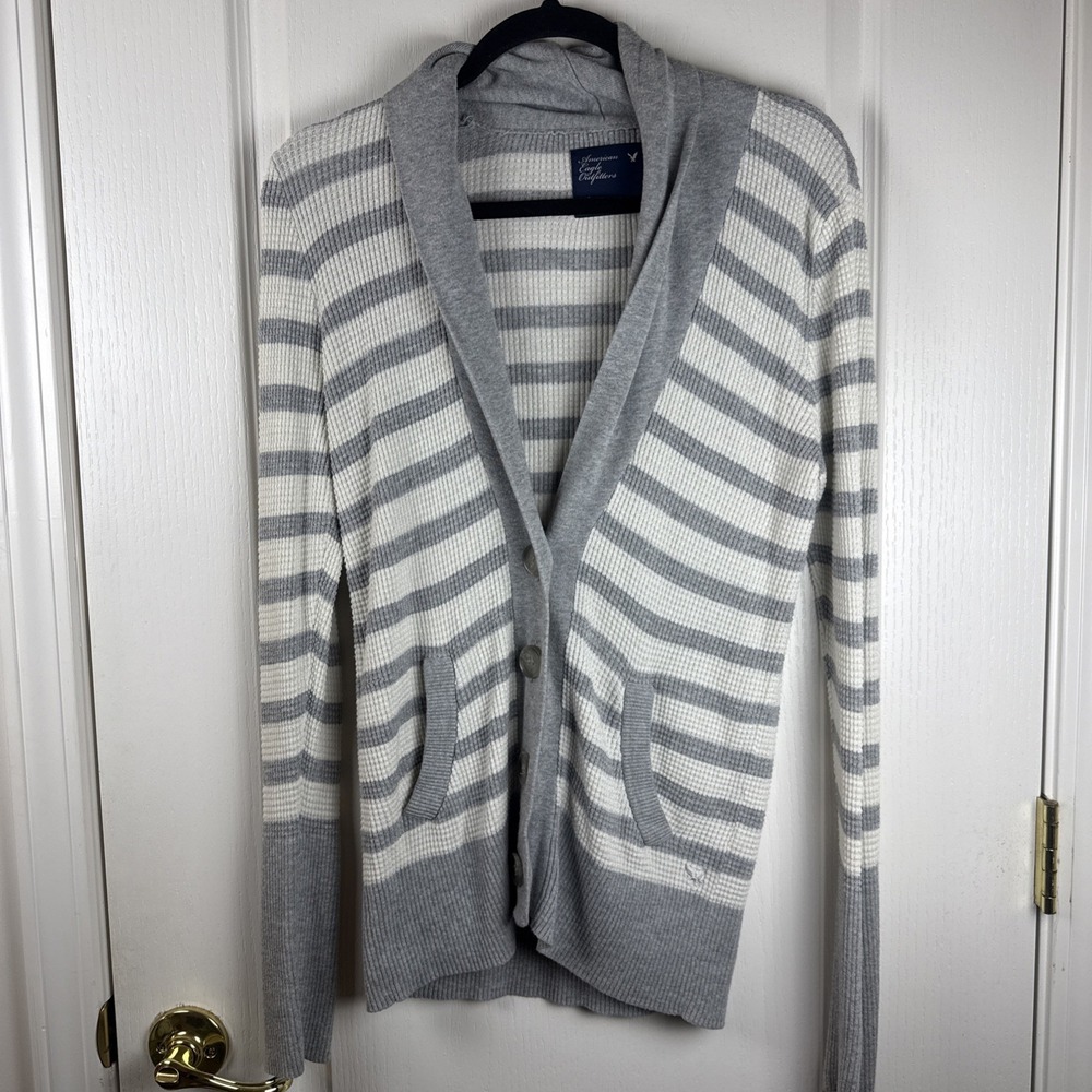 American Eagle Shawl Collar Cardigan Sz L Gray Cream Striped Waffle Knit